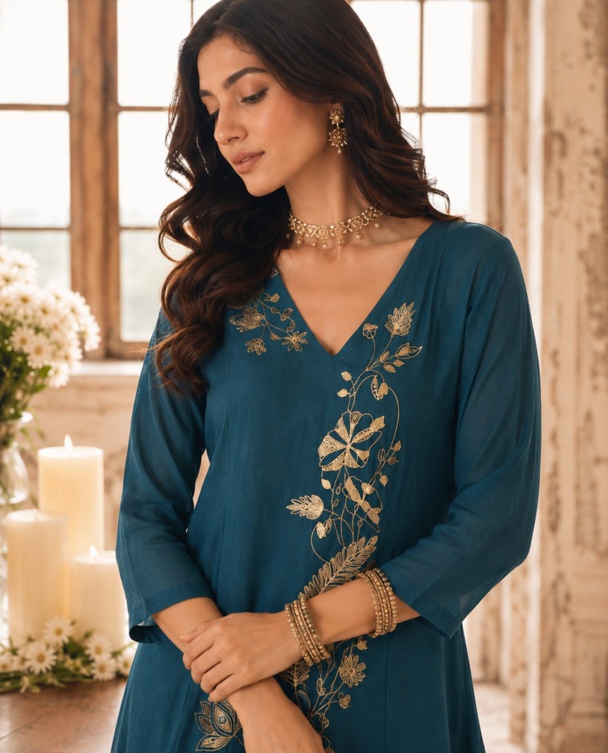 7111 - Chanderi Readymade Salwar Kameez in Teal